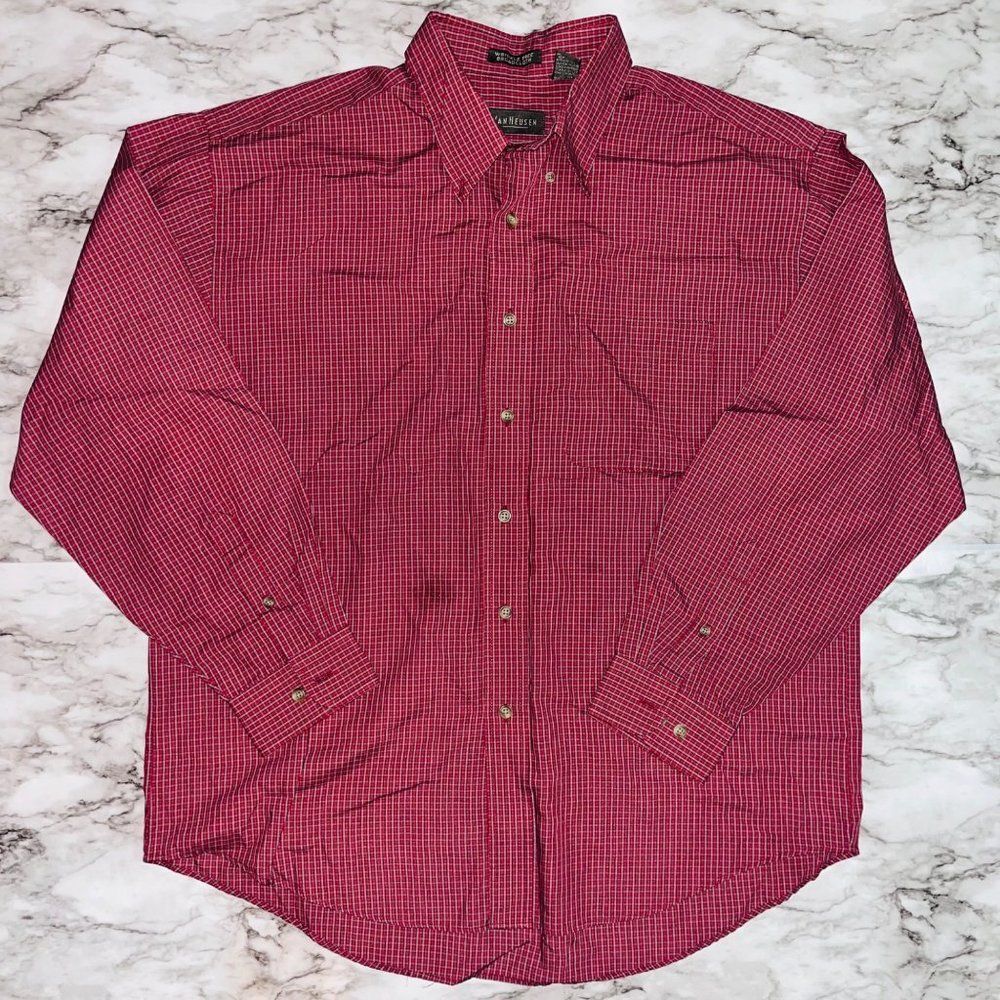 Van Heusen Long Sleeve Shirt Plaid Button Down Red Men L 16-16.5 Work Golf Club